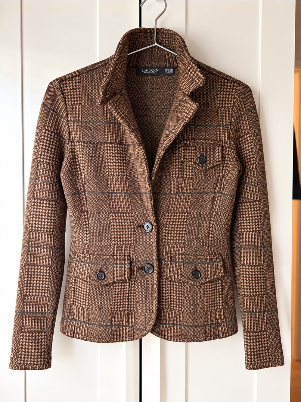 Lauren Ralph Lauren Brown Plaid Sweater Blazer Jacket Petite XS